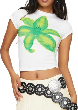 Y2k Baby Tees for Women Short Sleeve Graphic Crop Tops E Girls Cute Flower Print Vintage Aesthetic Shirts