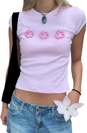 Y2k Flower Graphic Baby Tees Crop Tops for Women Hibiscus Print Short Sleeve Aesthetic Vintage 90s Teens 2000s Shirt