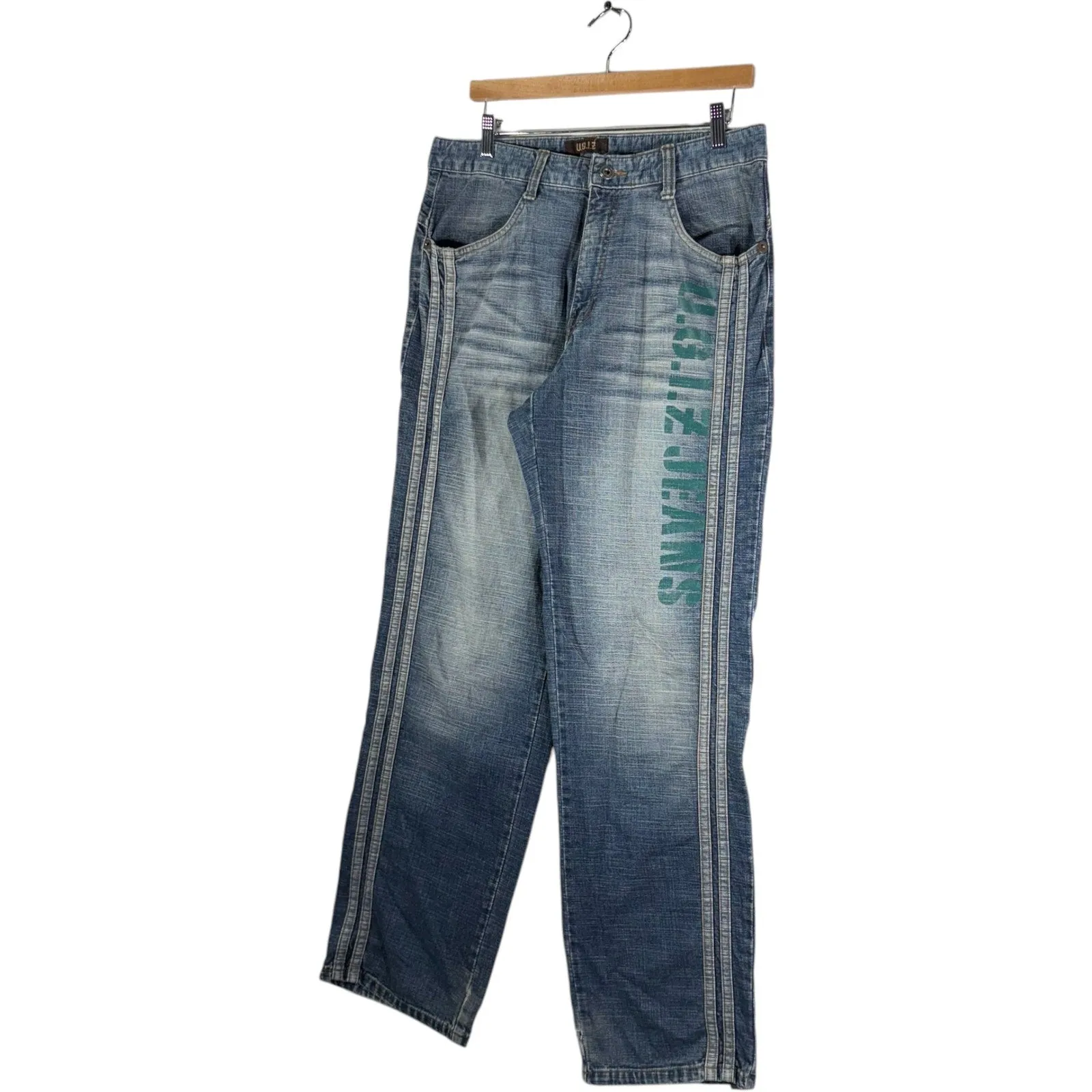 Y2K U.G.I.Z Striped Spellout Logo Straight Leg Denim Jeans 34x32