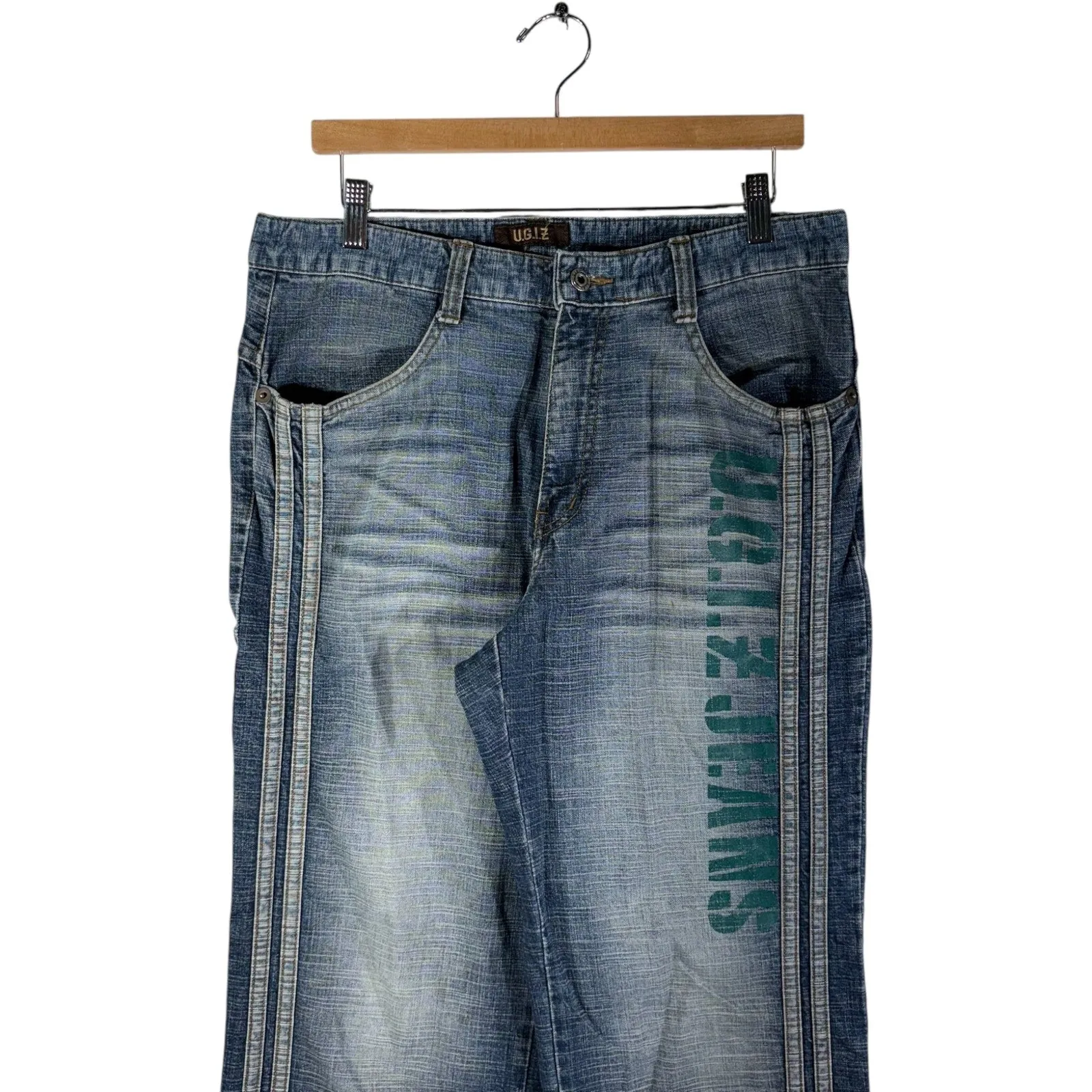 Y2K U.G.I.Z Striped Spellout Logo Straight Leg Denim Jeans 34x32