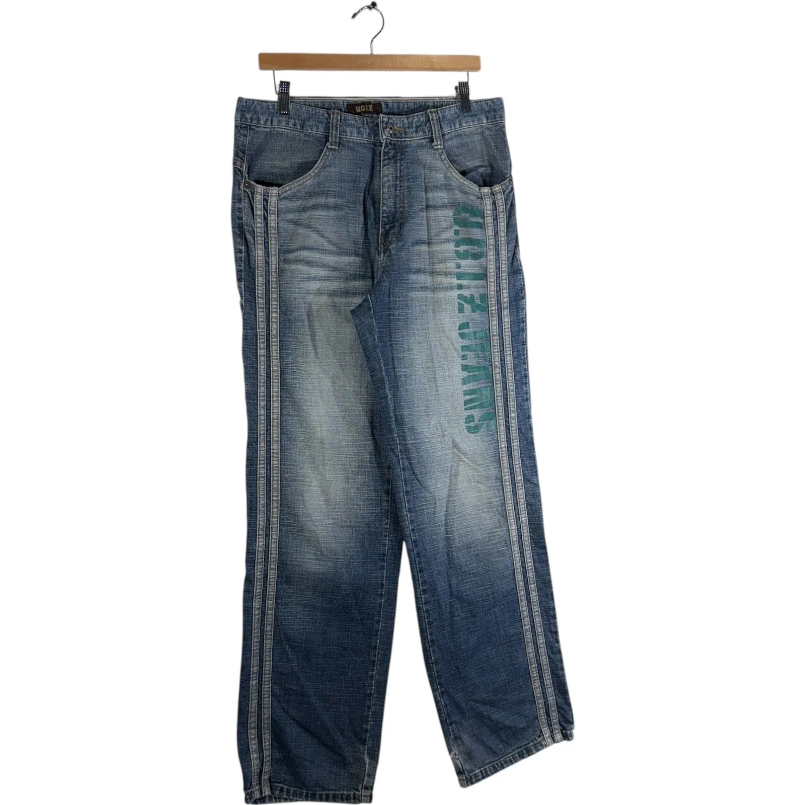 Y2K U.G.I.Z Striped Spellout Logo Straight Leg Denim Jeans 34x32