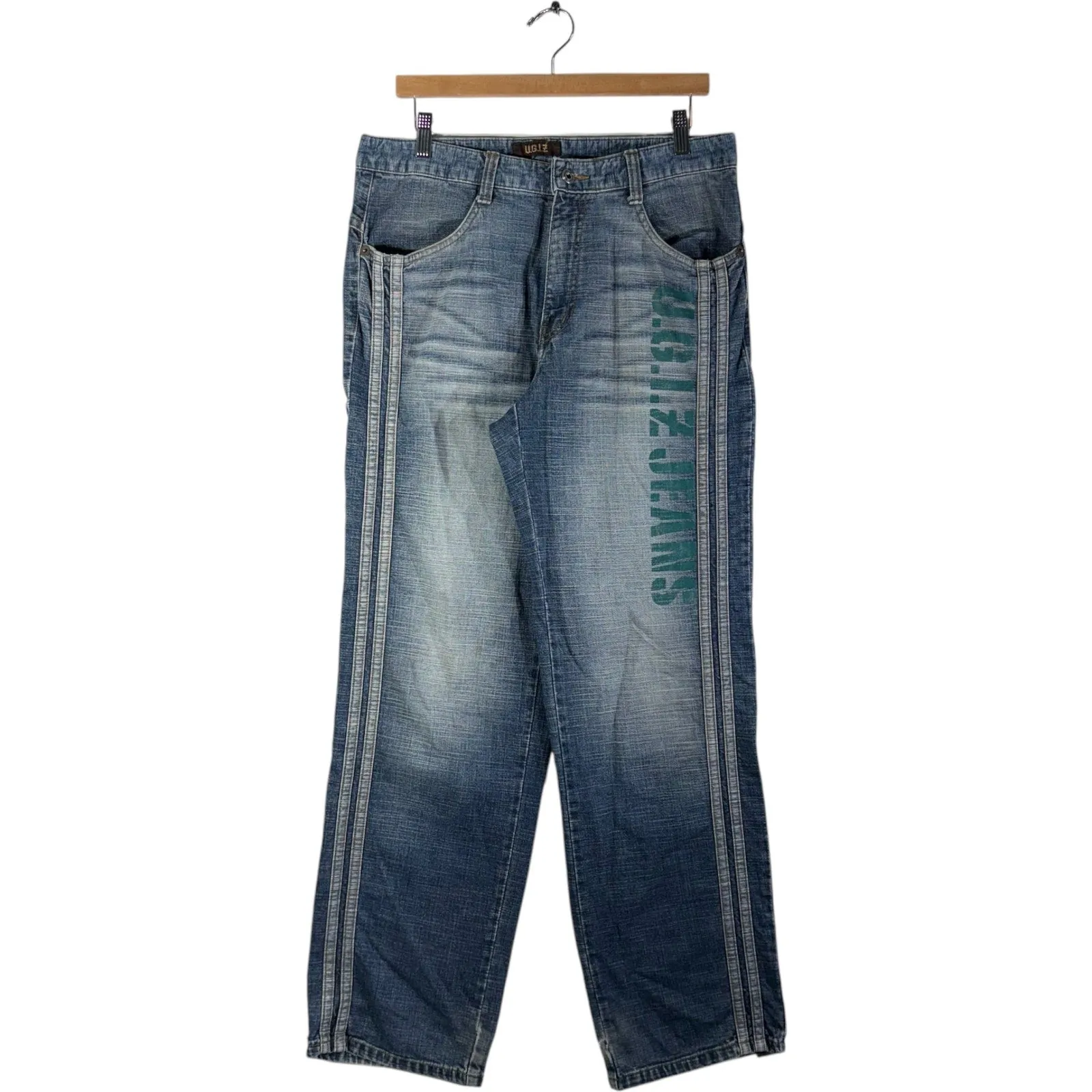 Y2K U.G.I.Z Striped Spellout Logo Straight Leg Denim Jeans 34x32