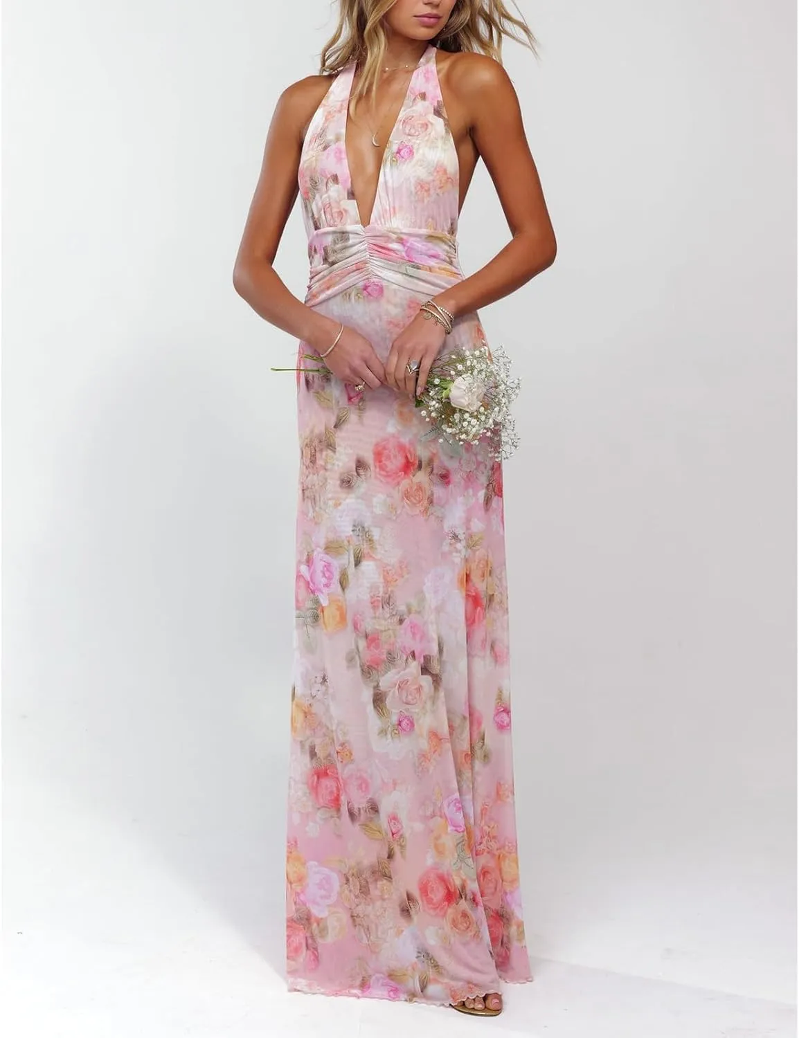 Y2k Womens Boho Floral Print Spaghetti Strap Maxi Bodycon Dress Summer Backless Dresses Beach Vacation Sundress