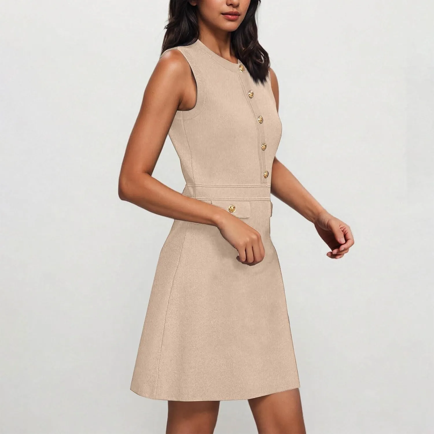 yardsong Summer Work Dresses for Women 2025 Business Casual Metal Buttons Decor Mini Dress Sleeveless Office Dresses