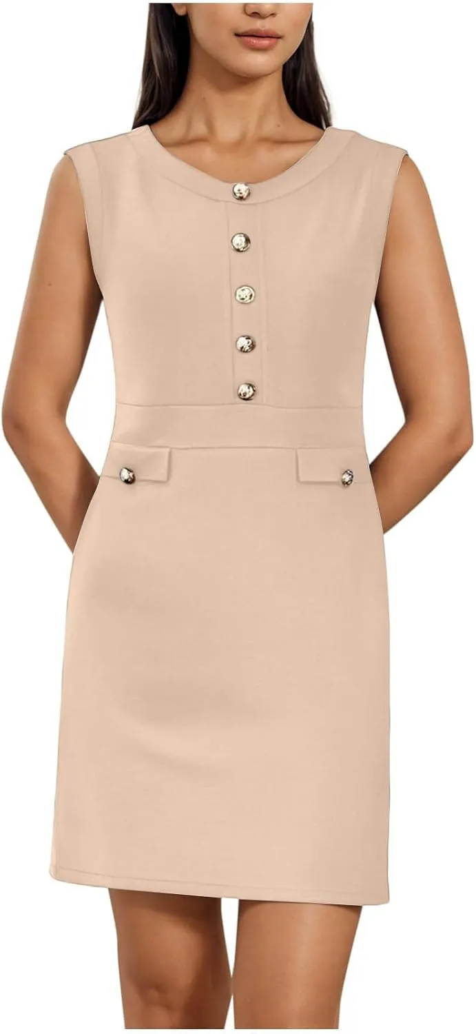 yardsong Summer Work Dresses for Women 2025 Business Casual Metal Buttons Decor Mini Dress Sleeveless Office Dresses