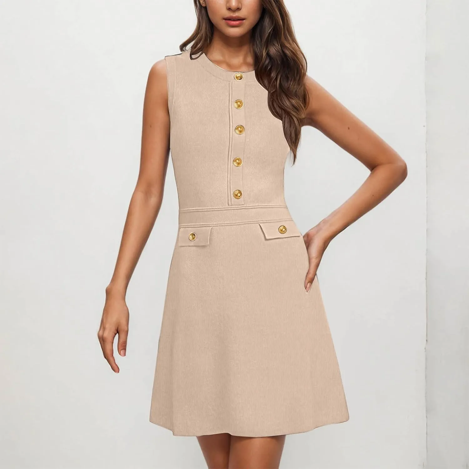 yardsong Summer Work Dresses for Women 2025 Business Casual Metal Buttons Decor Mini Dress Sleeveless Office Dresses