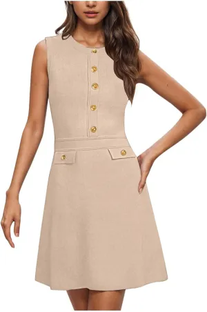 yardsong Summer Work Dresses for Women 2025 Business Casual Metal Buttons Decor Mini Dress Sleeveless Office Dresses