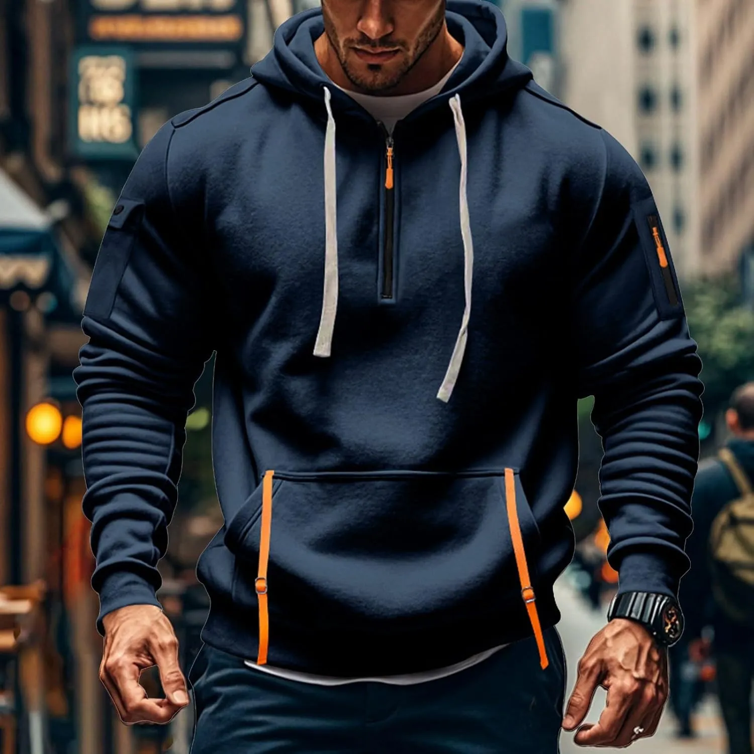 Ymosrh Mens Tactical Cargo Hoodie Athletic Work Hooded Sweatshirt Pullover Hoodies with Zipper Pockets Winter Sweatshirts