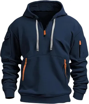 Ymosrh Mens Tactical Cargo Hoodie Athletic Work Hooded Sweatshirt Pullover Hoodies with Zipper Pockets Winter Sweatshirts