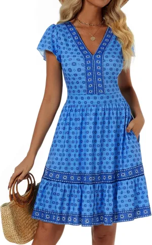 ZABERRY Womens Summer Back Hollow Out V Neck Sundress Boho Floral Ruffle Tiered A Line Vacation Dresses